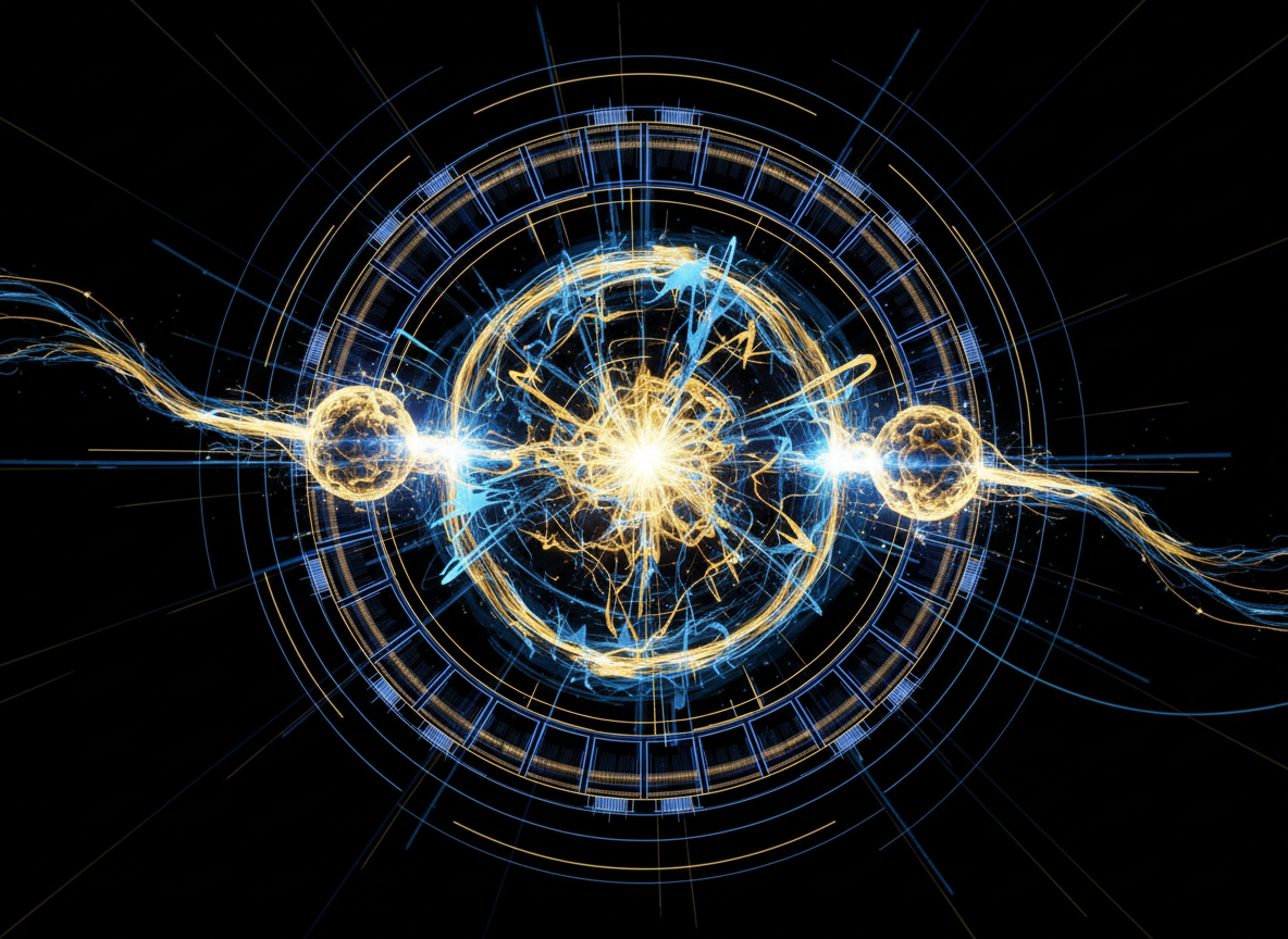 Particle collision visualization at CERN with lead nuclei and gluon field patterns