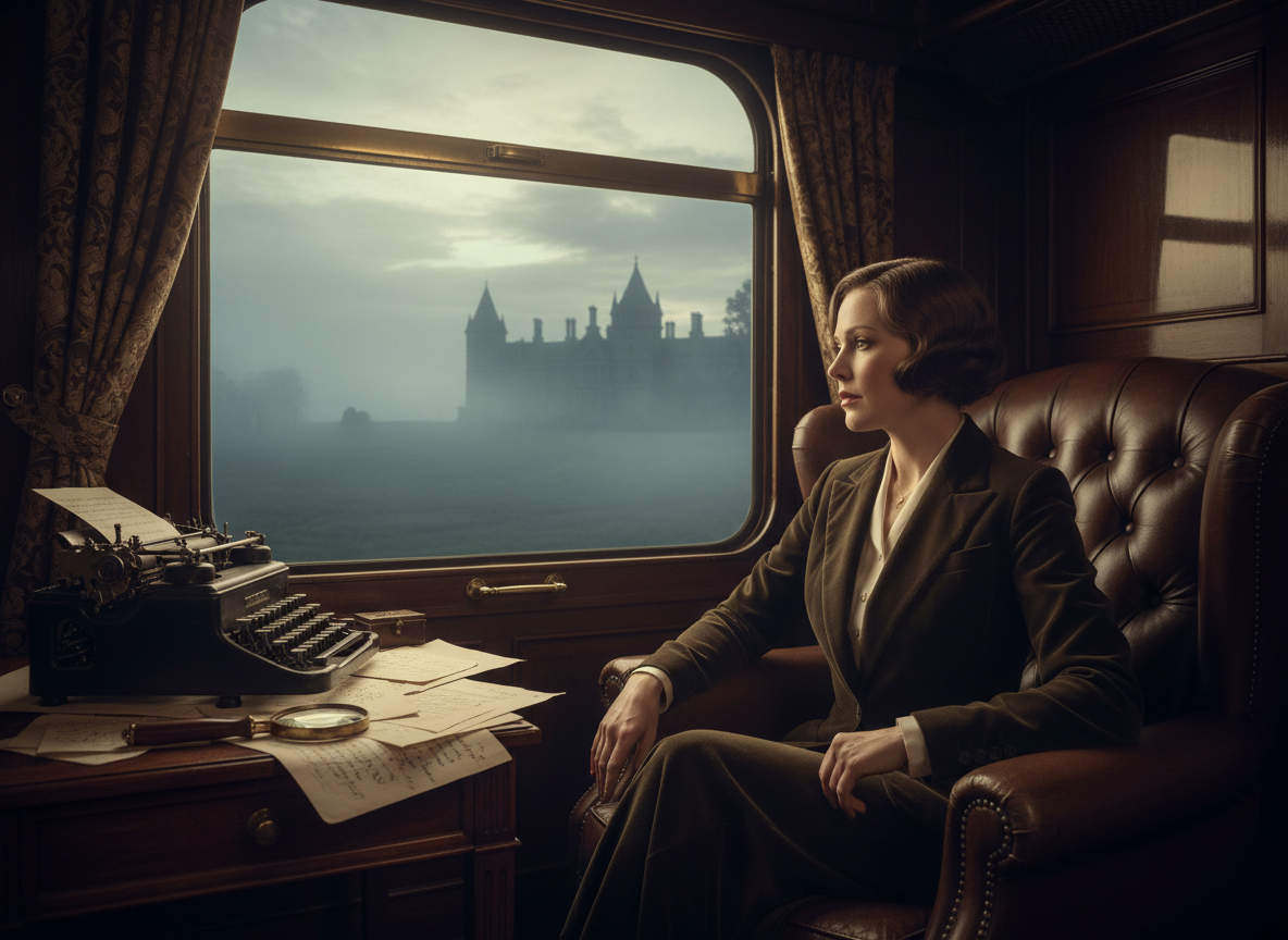 Agatha Christie with a vintage train, typewriter and English manor