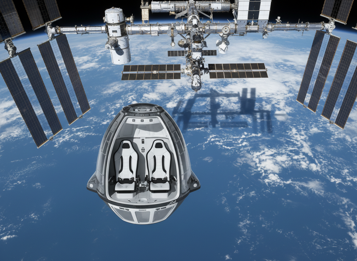 SpaceX Crew Dragon approaching the International Space Station with two empty seats represented inside