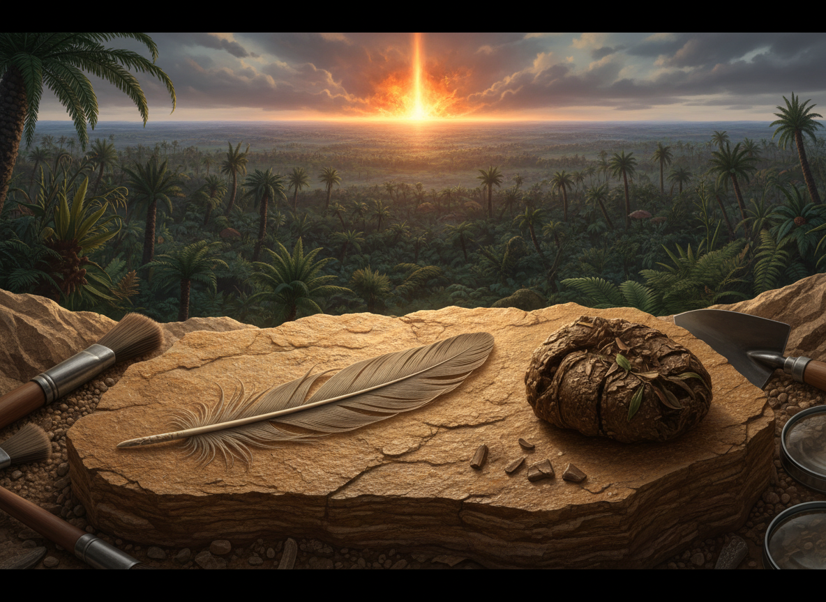 A fossil feather preserved near dinosaur remains with an asteroid impact scene in the distance