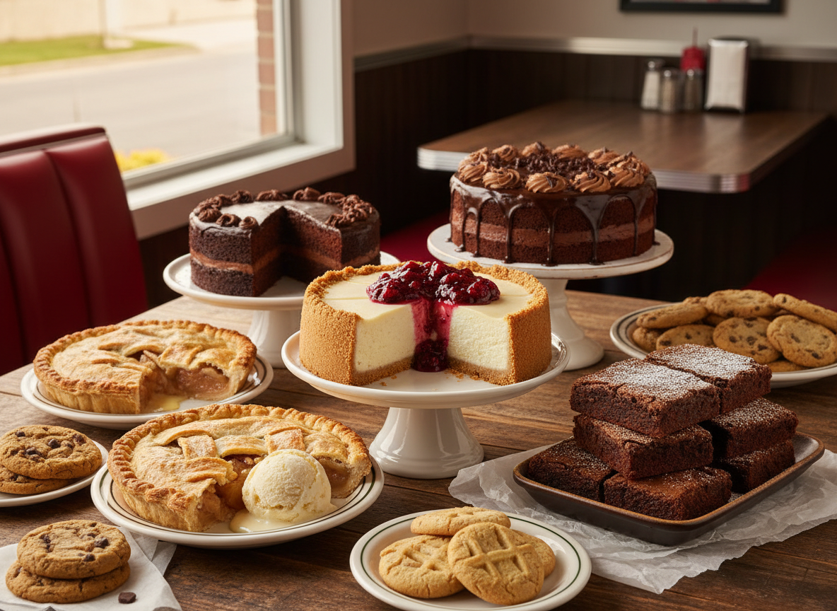 A table of iconic American desserts including cheesecake, apple pie and brownies