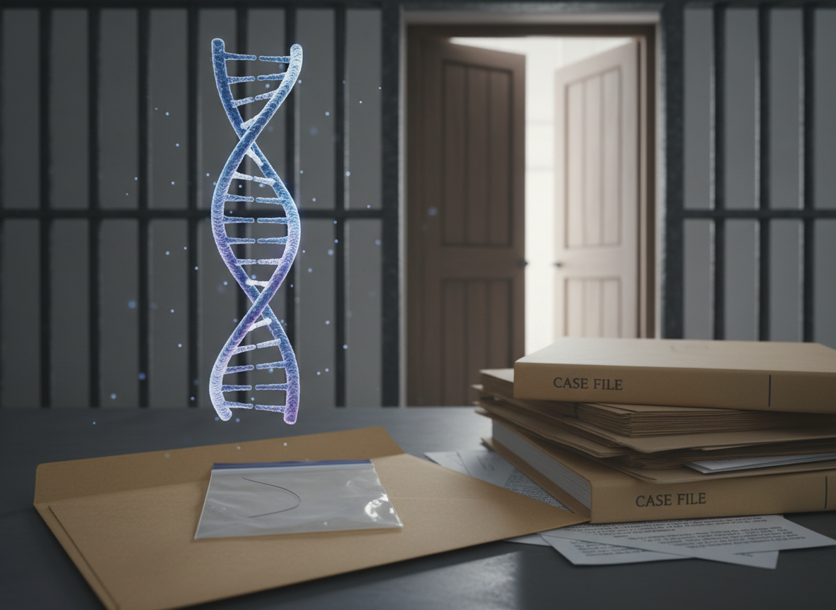 DNA evidence, a courtroom file and prison bars symbolizing a wrongful conviction overturned by forensic evidence