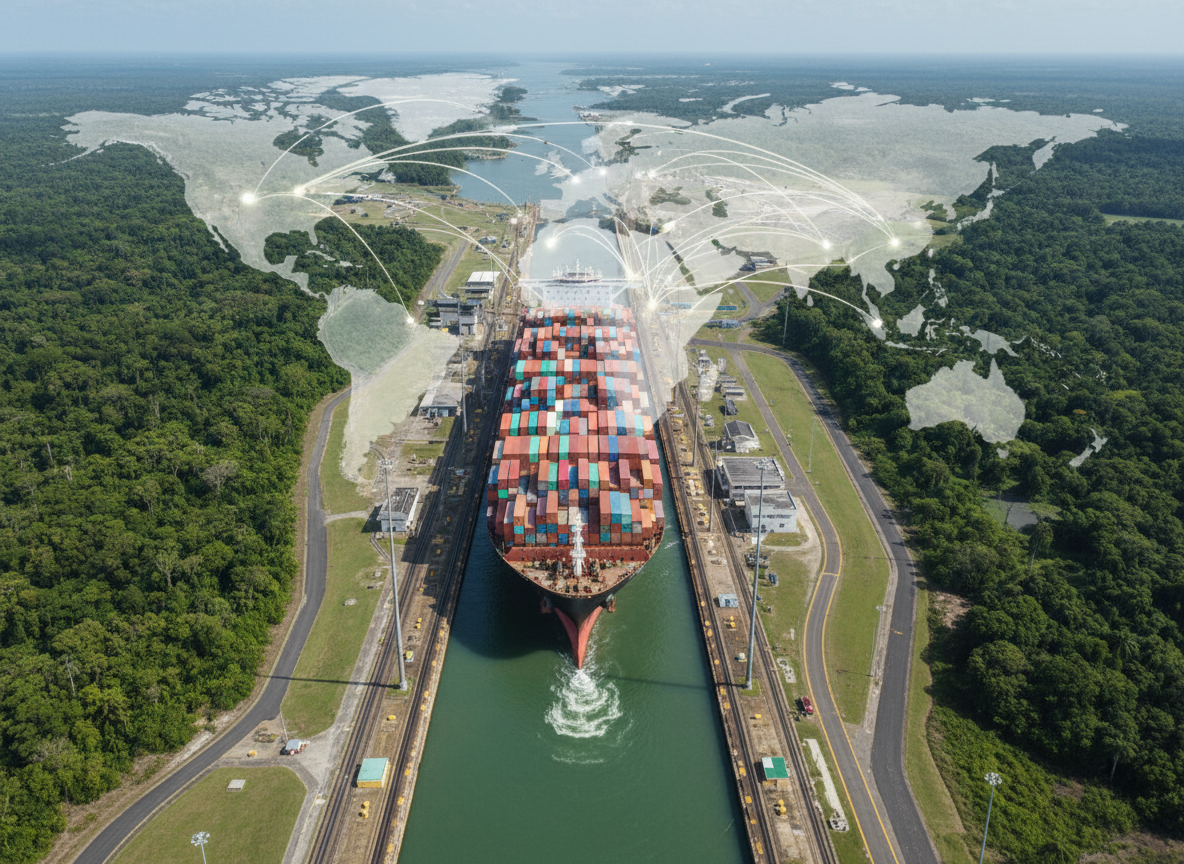 A container ship passing through the Panama Canal locks with a global trade map
