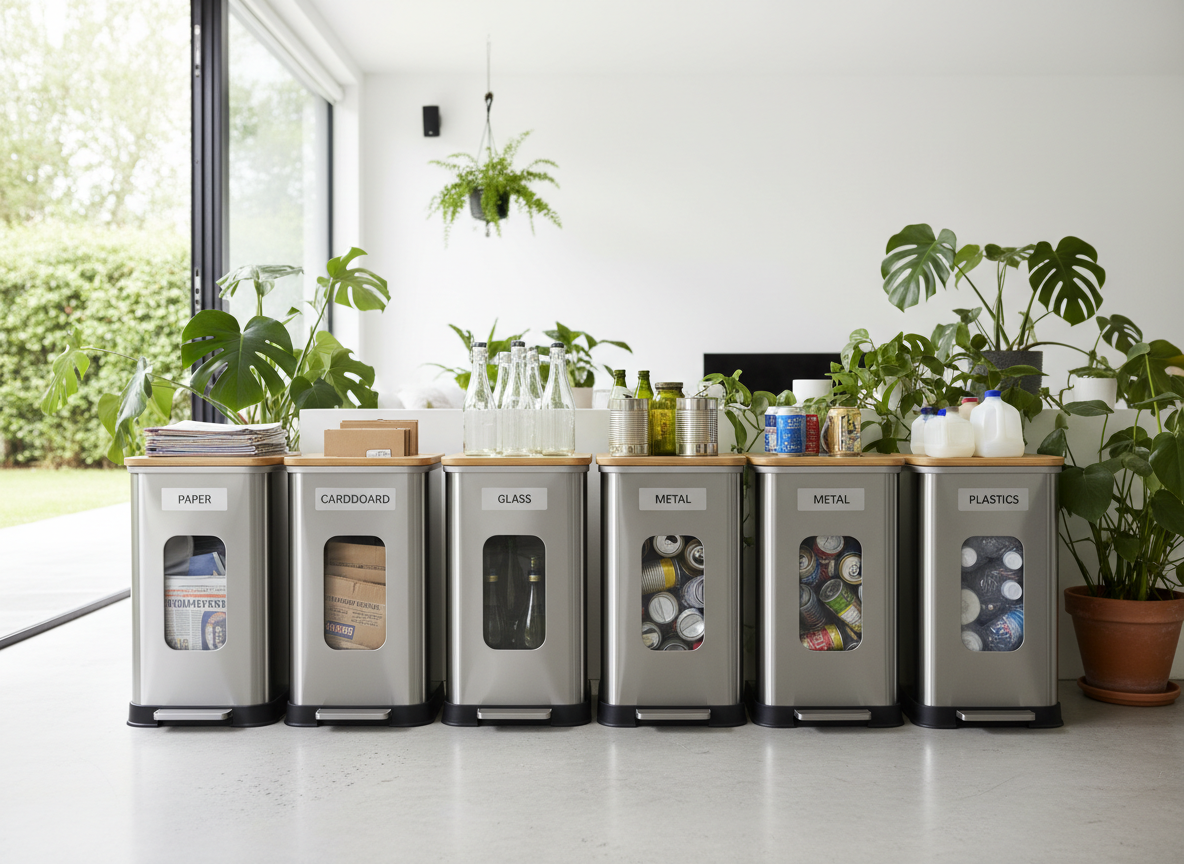 Sorted recycling bins for paper, glass, metal and plastic