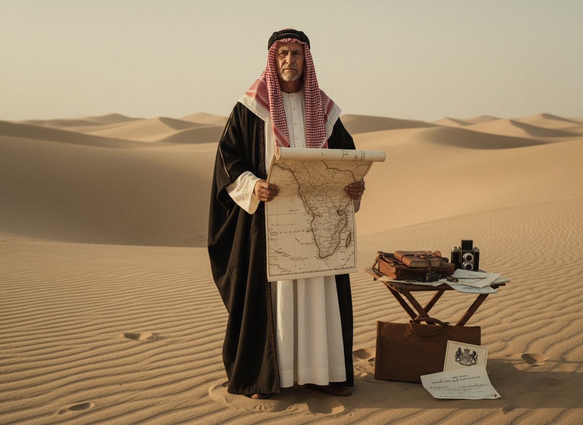 St. John Philby in Arabian dress with a map of the Arabian Peninsula and desert landscape
