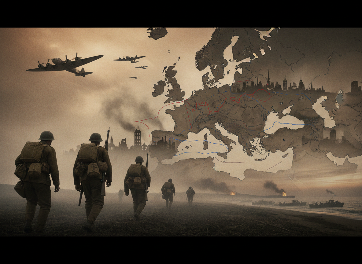 World War II soldiers, aircraft and a map of Europe in a historical montage